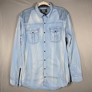 Buckle Black Shirt Men Large Blue Snap Western Athletic Fit Zip Rockabilly Rodeo